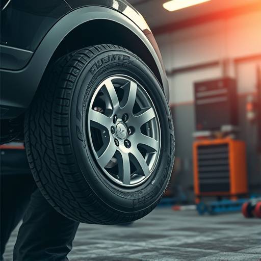 A mechanic installing a new tire on a car wheel in a garage.