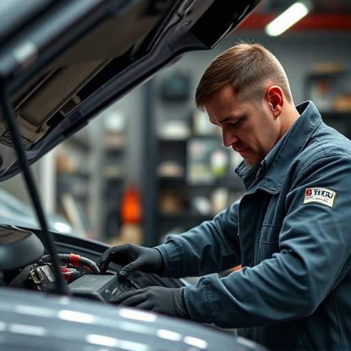 A mechanic performing diagnostic work on a car engine with various tools.