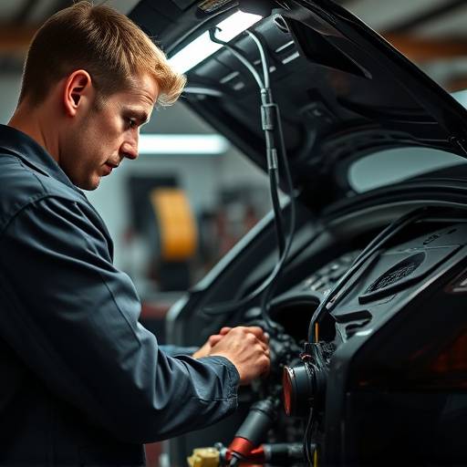A mechanic working on the electrical wiring of a car.