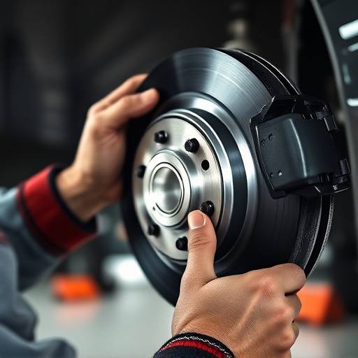 Close-up of a technician inspecting a car's brake pads and rotor.