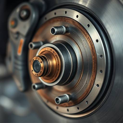 Close-up of brake pads and rotor being inspected