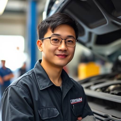 Image of Kevin Chen, an Automotive Technician Apprentice at AutoFix Garage, looking eager to learn