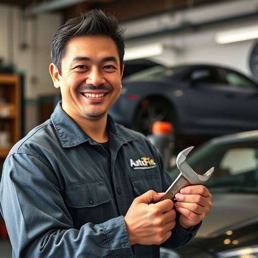 Photo of David Lee, a Senior Mechanic at AutoFix Garage, holding a wrench and smiling
