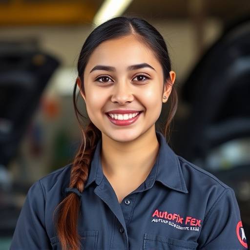 Portrait of Emily Rodriguez, an Automotive Technician at AutoFix Garage, wearing a uniform and smiling