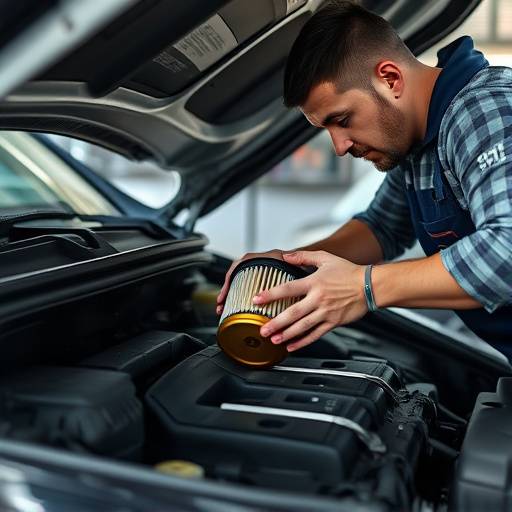 Technician performing an oil and filter change on a car engine.